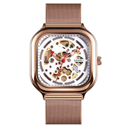Skeleton Automatic Mechanical Watch for Men with Square Dial and Mesh Strap