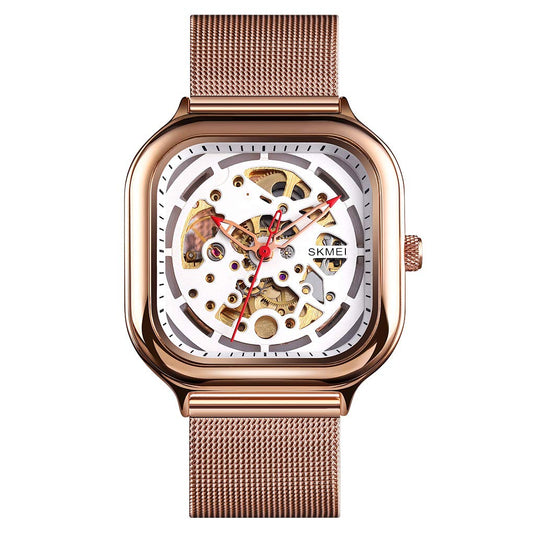 Skeleton Automatic Mechanical Watch for Men with Square Dial and Mesh Strap