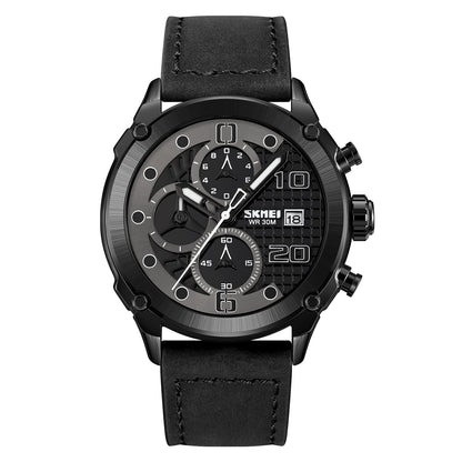 Premium Leather Chronograph Wristwatch with Textured Multi-Dial