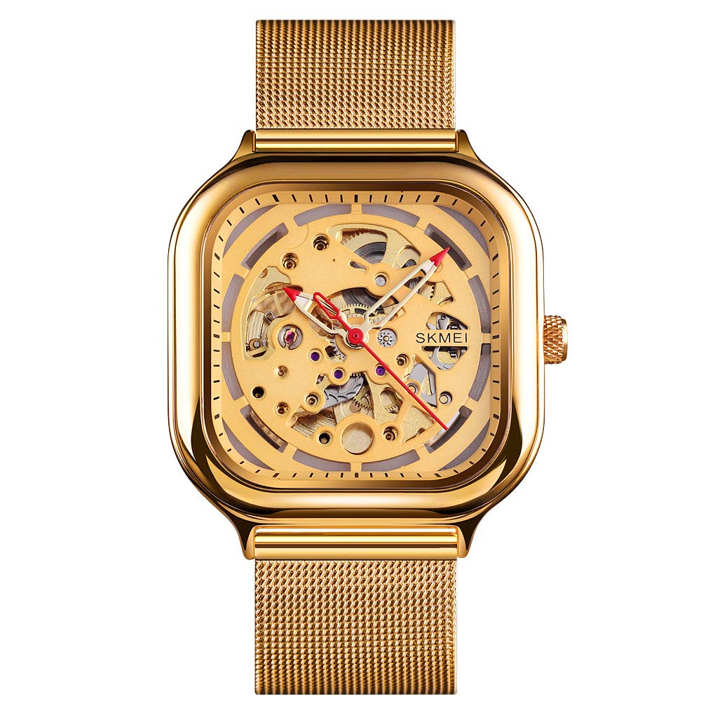 Skeleton Automatic Mechanical Watch for Men with Square Dial and Mesh Strap