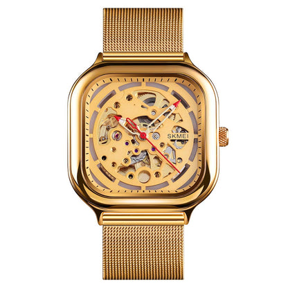 Skeleton Automatic Mechanical Watch for Men with Square Dial and Mesh Strap