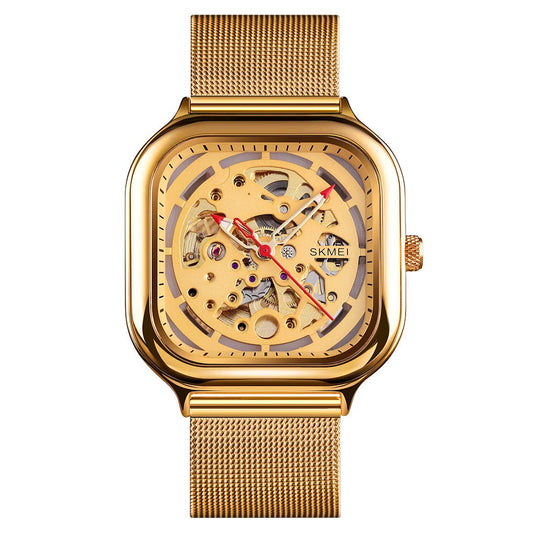 Skeleton Automatic Mechanical Watch for Men with Square Dial and Mesh Strap