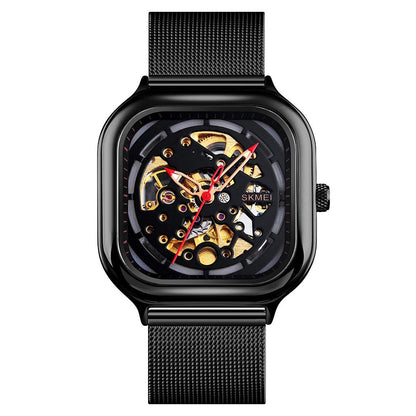 Skeleton Automatic Mechanical Watch for Men with Square Dial and Mesh Strap