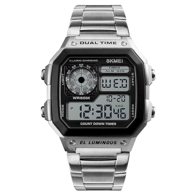 Digital Watch for Men with Silver Metal Strap and Round Dial for Casual & Formal Wear