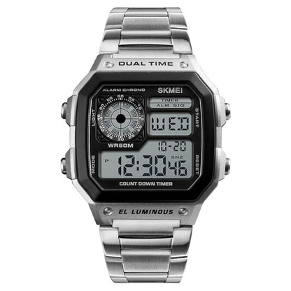 Premium Digital Watch for Men with Square Dial Dual Time Alarm Stopwatch and Metal Strap