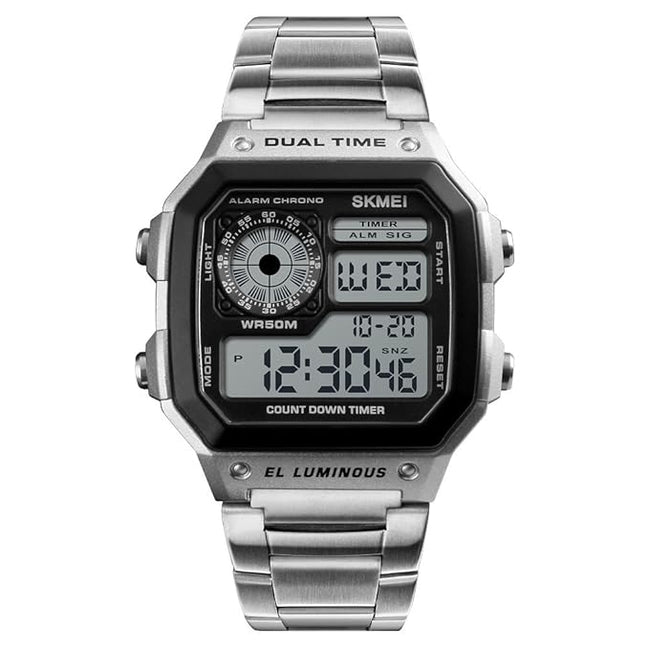 Digital Watch for Men with Silver Metal Strap and Round Dial for Casual & Formal Wear