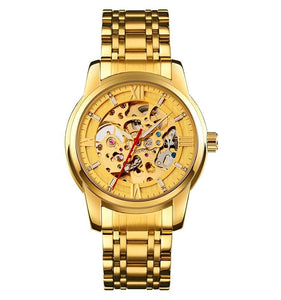 Luxury Skeleton Automatic Watch for Men Black Stainless Steel Strap, Blue Dial with Roman Numerals, Transparent Mechanical Design