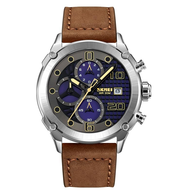 Premium Leather Chronograph Wristwatch with Textured Multi-Dial