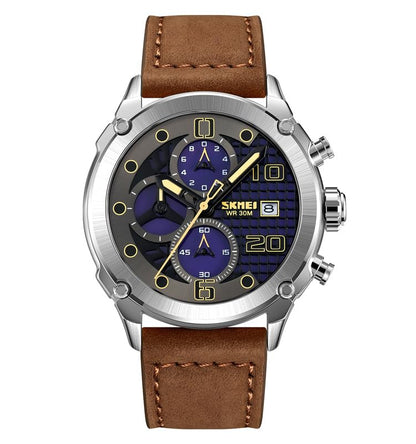 Premium Leather Chronograph Wristwatch with Textured Multi-Dial
