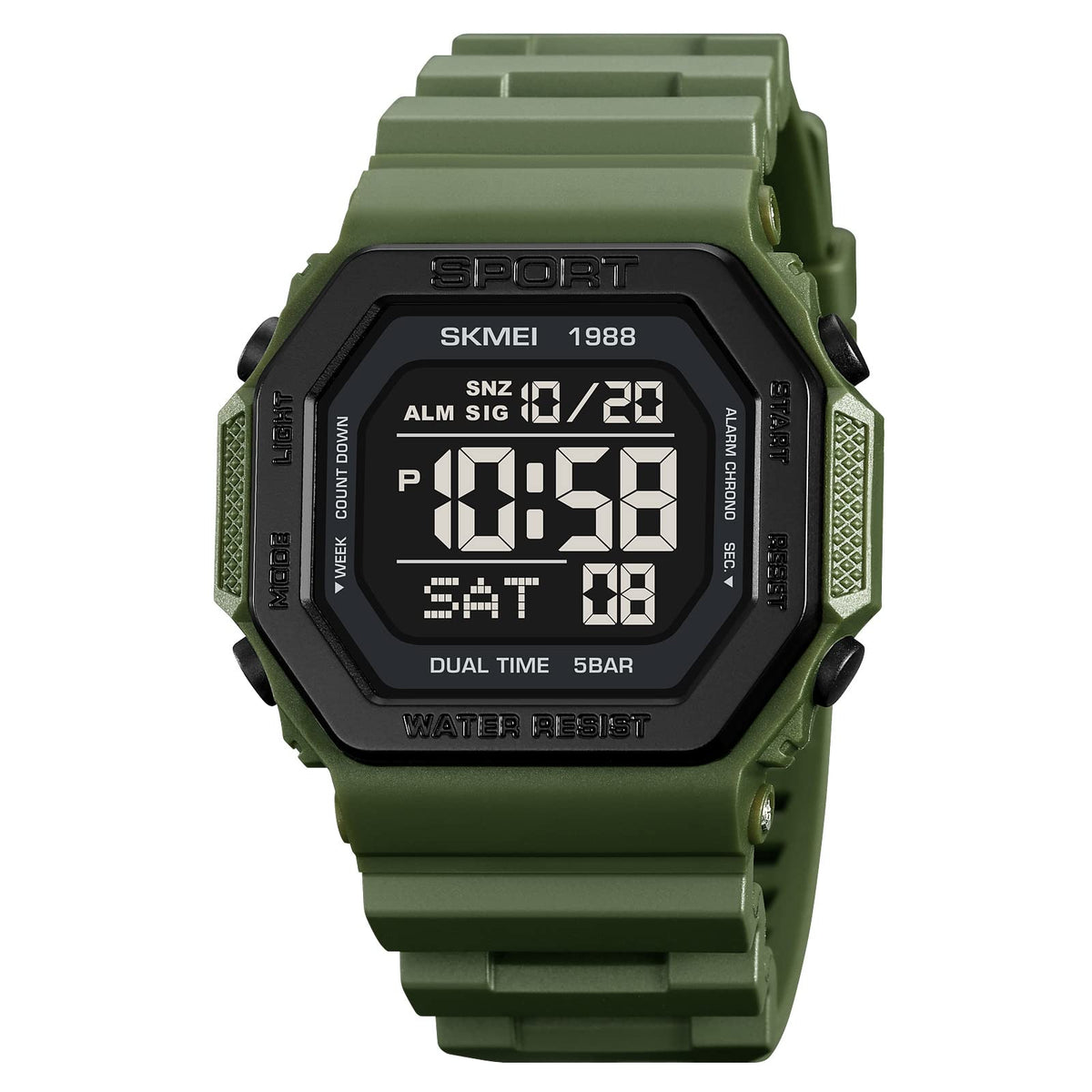 Digital Watch for Men with Army Green Silicone Strap and Round Dial for Casual & Formal Wear