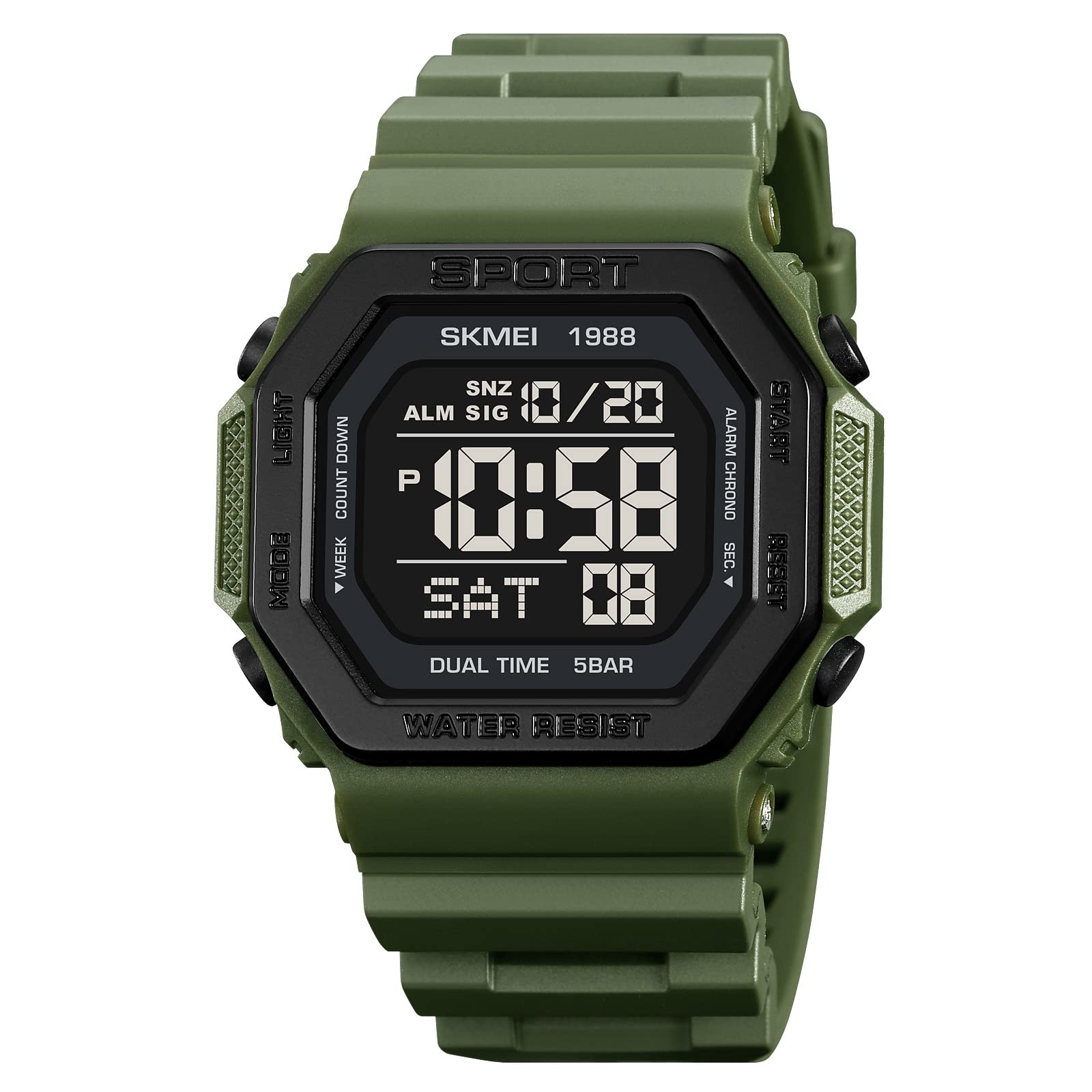 Digital Watch for Men with Army Green Silicone Strap and Round Dial for Casual & Formal Wear
