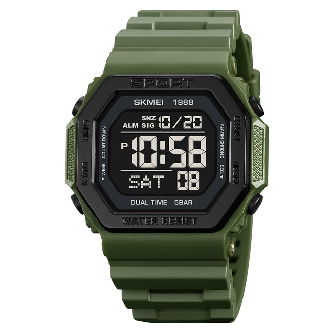 Digital Watch for Men with Army Green Silicone Strap and Round Dial for Casual & Formal Wear