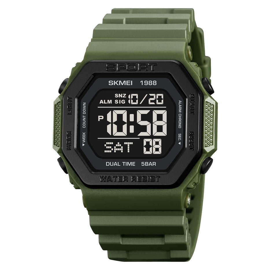 Digital Watch for Men with Army Green Silicone Strap and Round Dial for Casual & Formal Wear