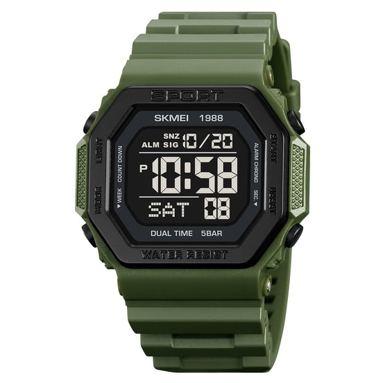 Digital Watch for Men with Army Green Silicone Strap and Round Dial for Casual & Formal Wear
