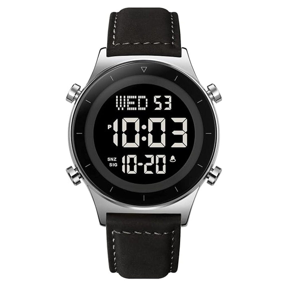 Digital Watch for Men with Black Leather Strap and Round Dial for Casual & Formal Wear