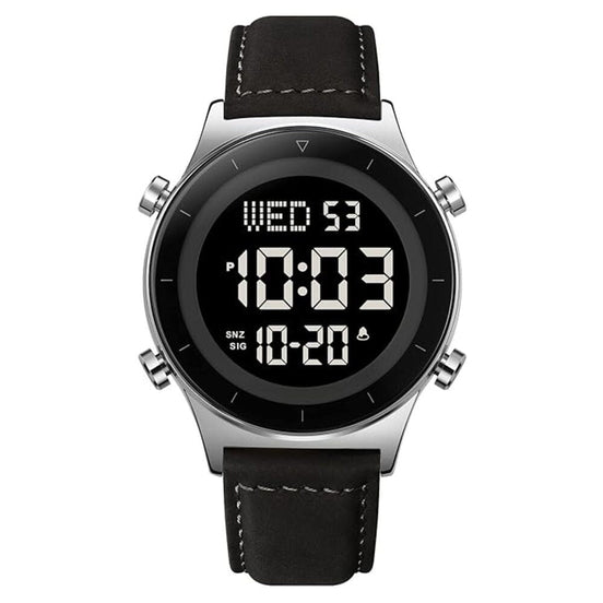 Digital Watch for Men with Black Leather Strap and Round Dial for Casual & Formal Wear