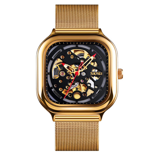 Skeleton Automatic Mechanical Watch for Men with Square Dial and Mesh Strap
