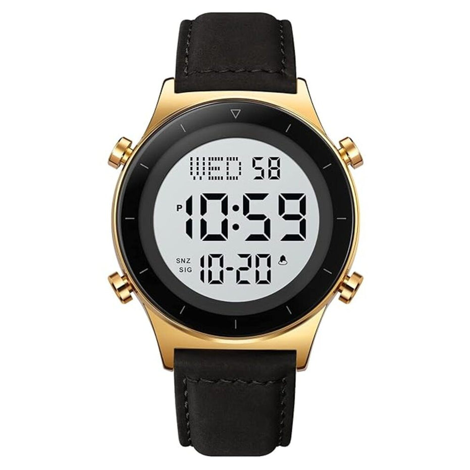 Digital Watch for Men with Black Leather Strap and Round Dial for Casual & Formal Wear