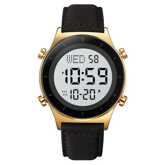 Digital Watch for Men with Black Leather Strap and Round Dial for Casual & Formal Wear