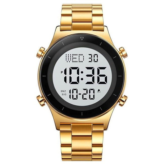 Digital Watch for Men with Gold Metal Strap and Round Dial for Casual & Formal Wear