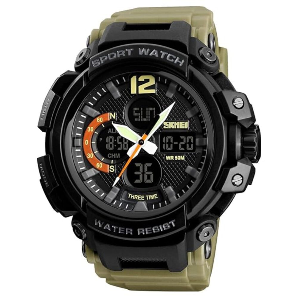 Rugged Dual Display Sports Wrist Watch with Resin Strap For Men