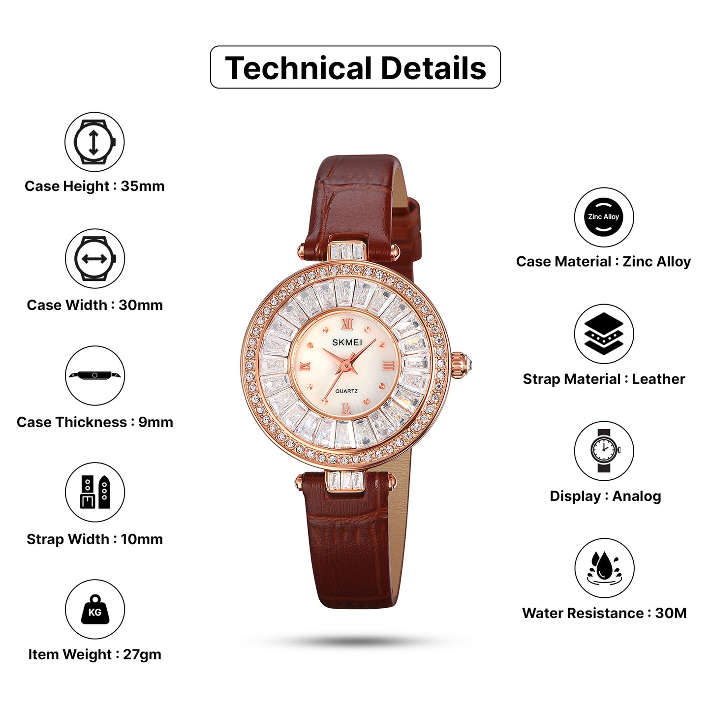 Skmei Quartz Analog Dial Leather Strap Watch for Women - 2009
