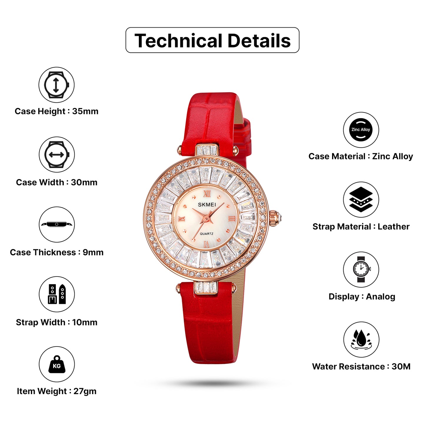 Skmei Quartz Analog Dial Leather Strap Watch for Women - 2009