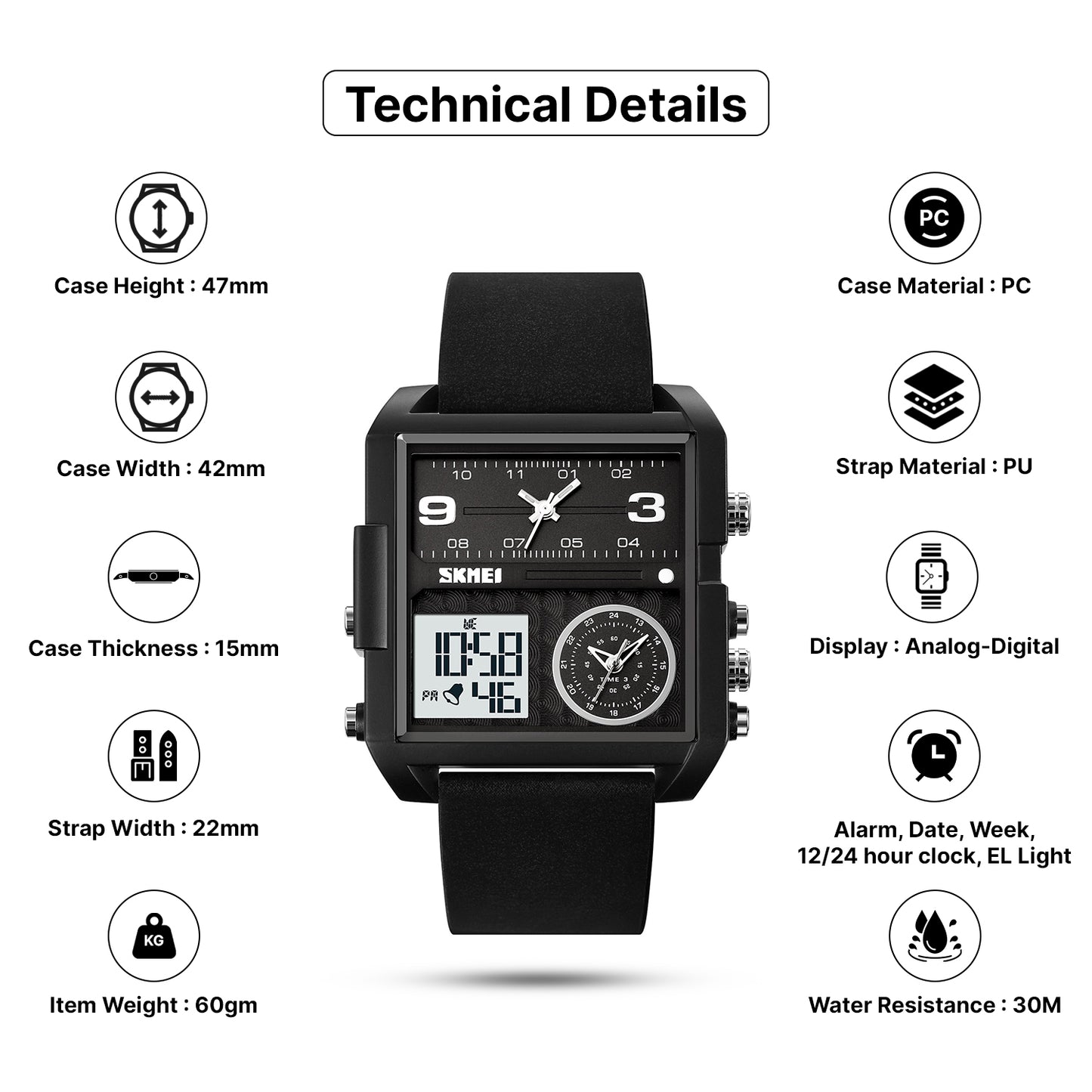 Skmei Digital Dial PU Strap Watch for Men - 2021