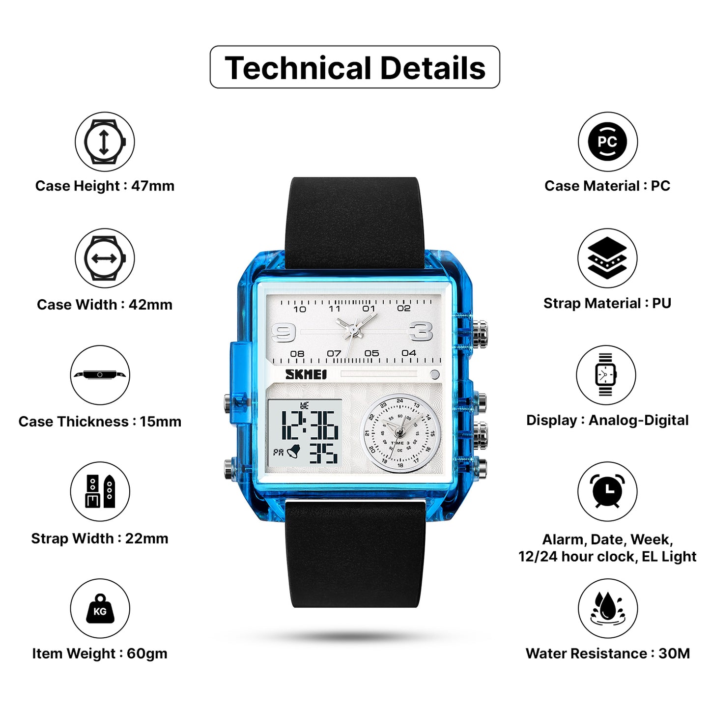 Skmei Digital Dial PU Strap Watch for Men - 2021
