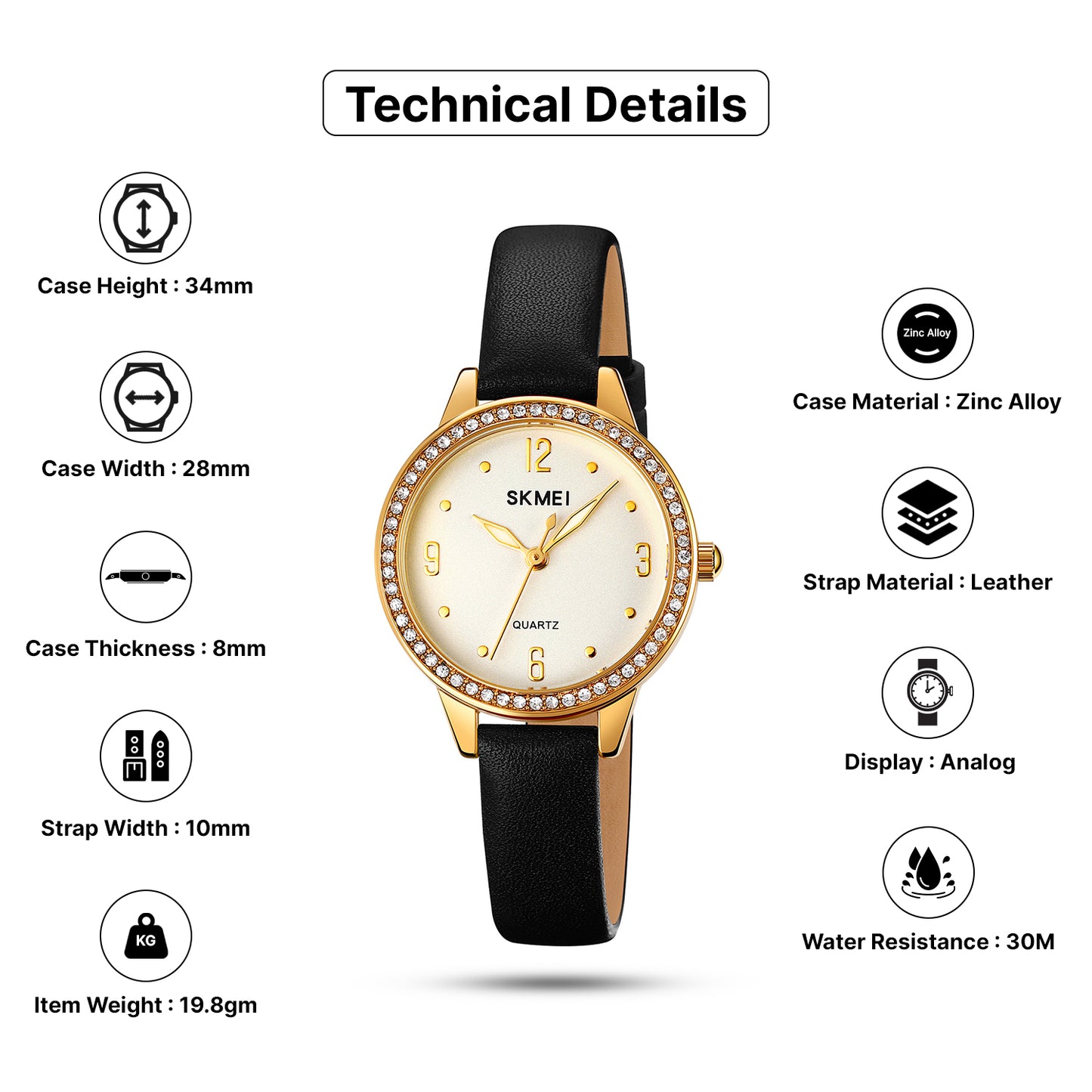 Skmei Quartz Analog Dial Leather Strap Watch for Women - 2027