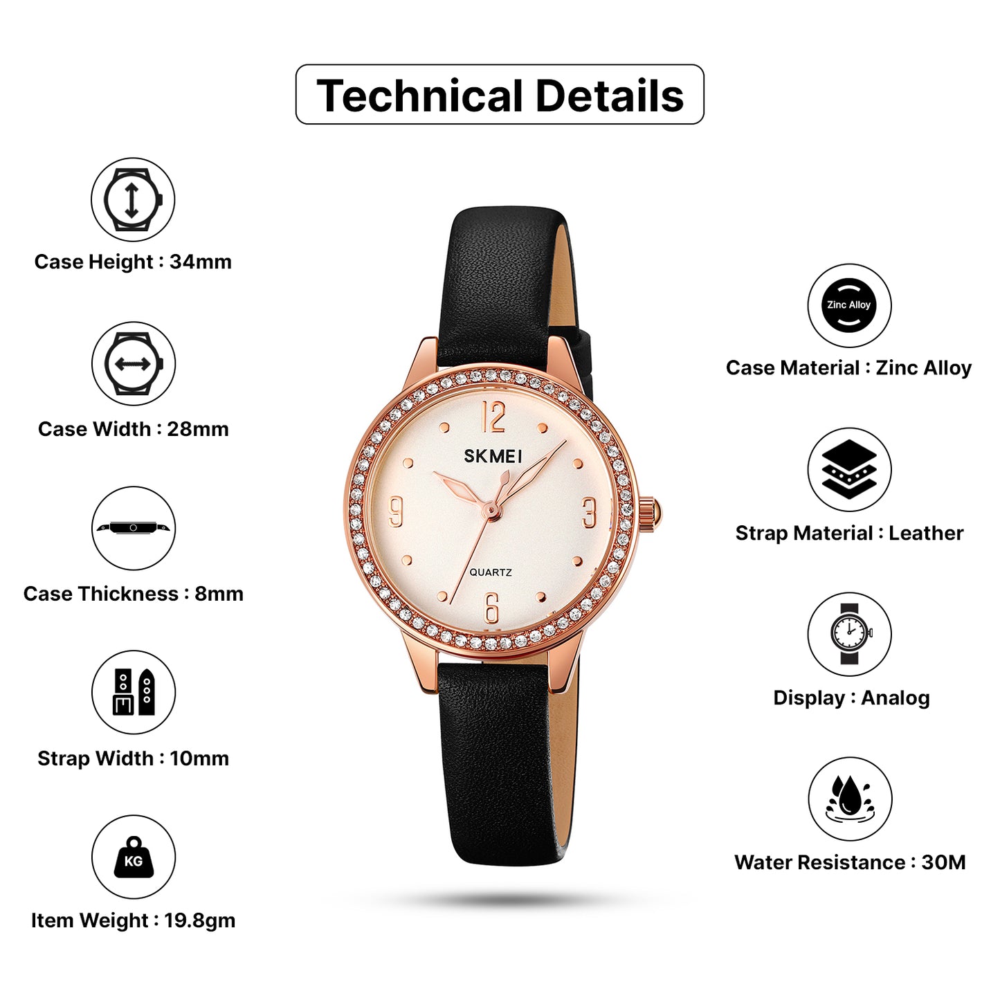 Skmei Quartz Analog Dial Leather Strap Watch for Women - 2027