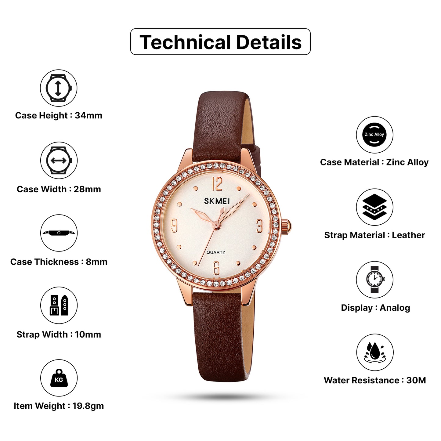Skmei Quartz Analog Dial Leather Strap Watch for Women - 2027
