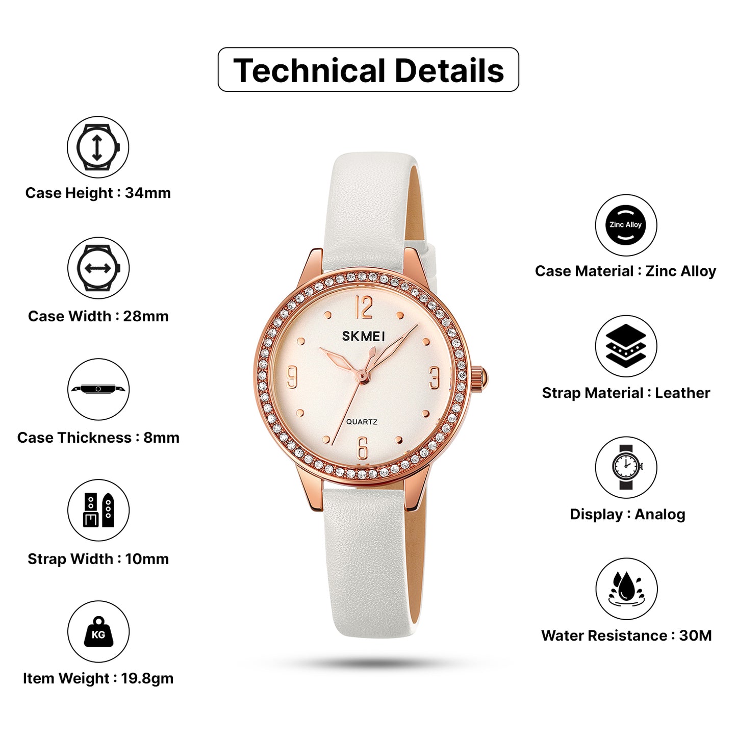 Skmei Quartz Analog Dial Leather Strap Watch for Women - 2027