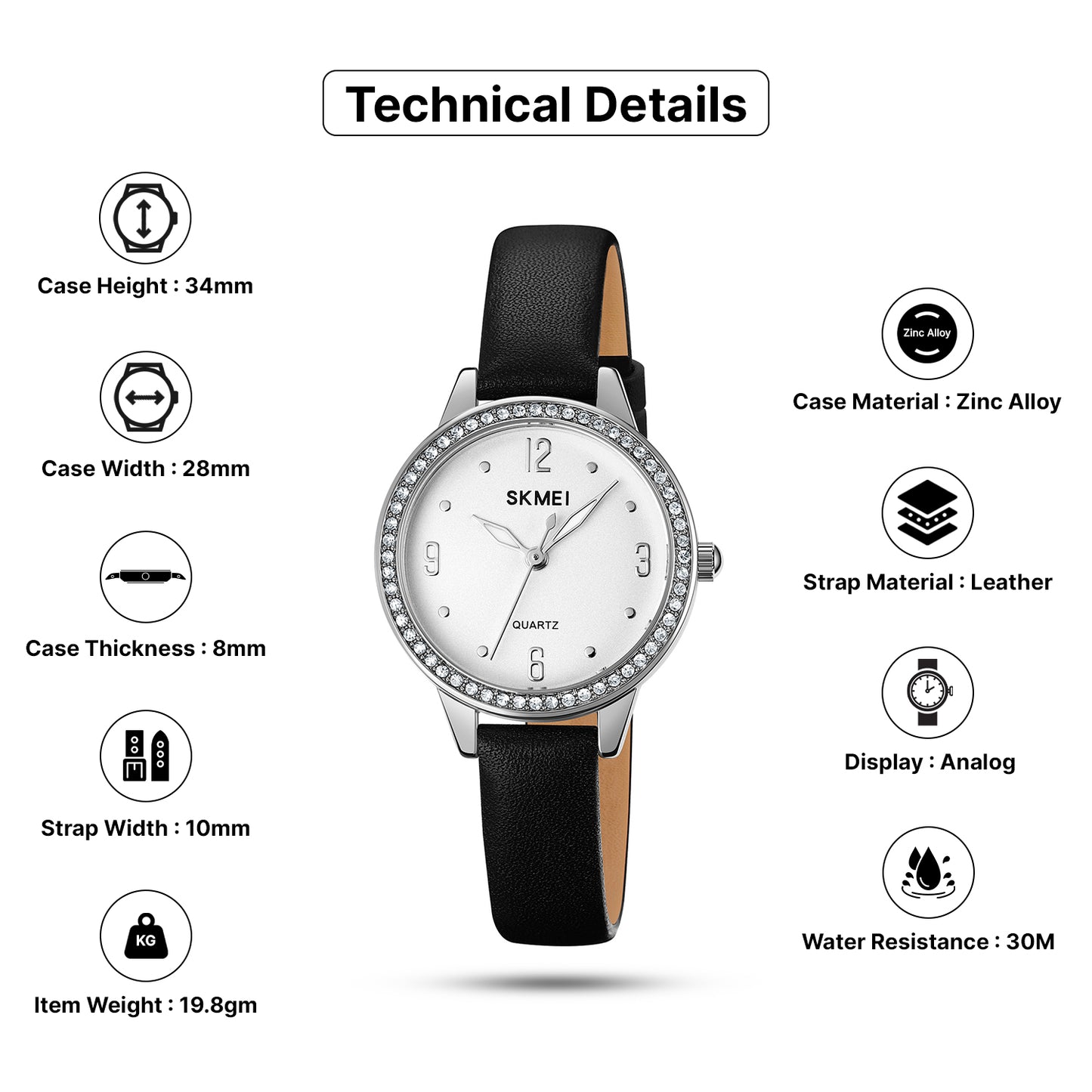 Skmei Quartz Analog Dial Leather Strap Watch for Women - 2027