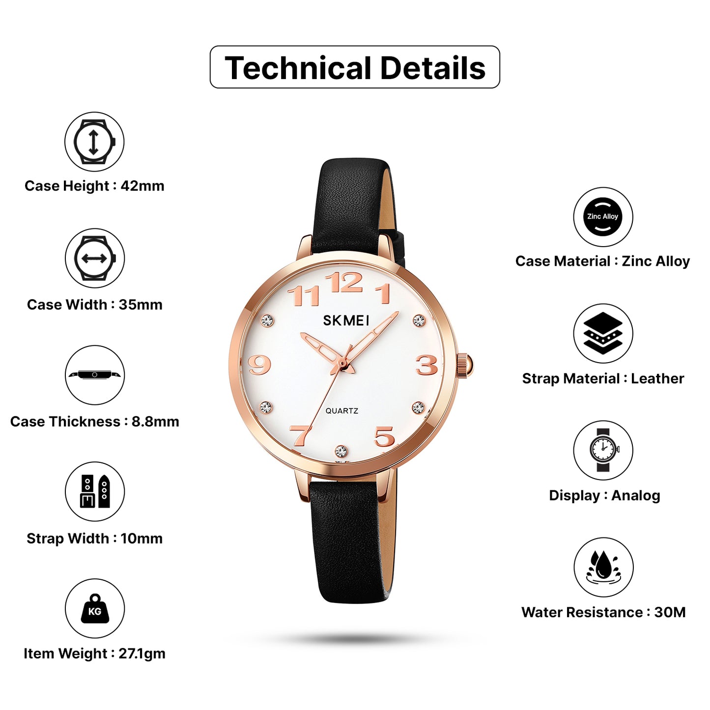 Skmei Quartz Analog Dial Leather Strap Watch for Women - 2028