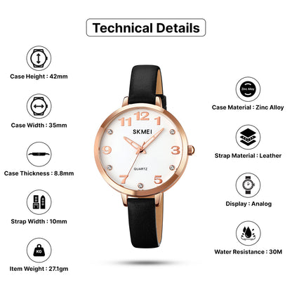 Skmei Quartz Analog Dial Leather Strap Watch for Women - 2028
