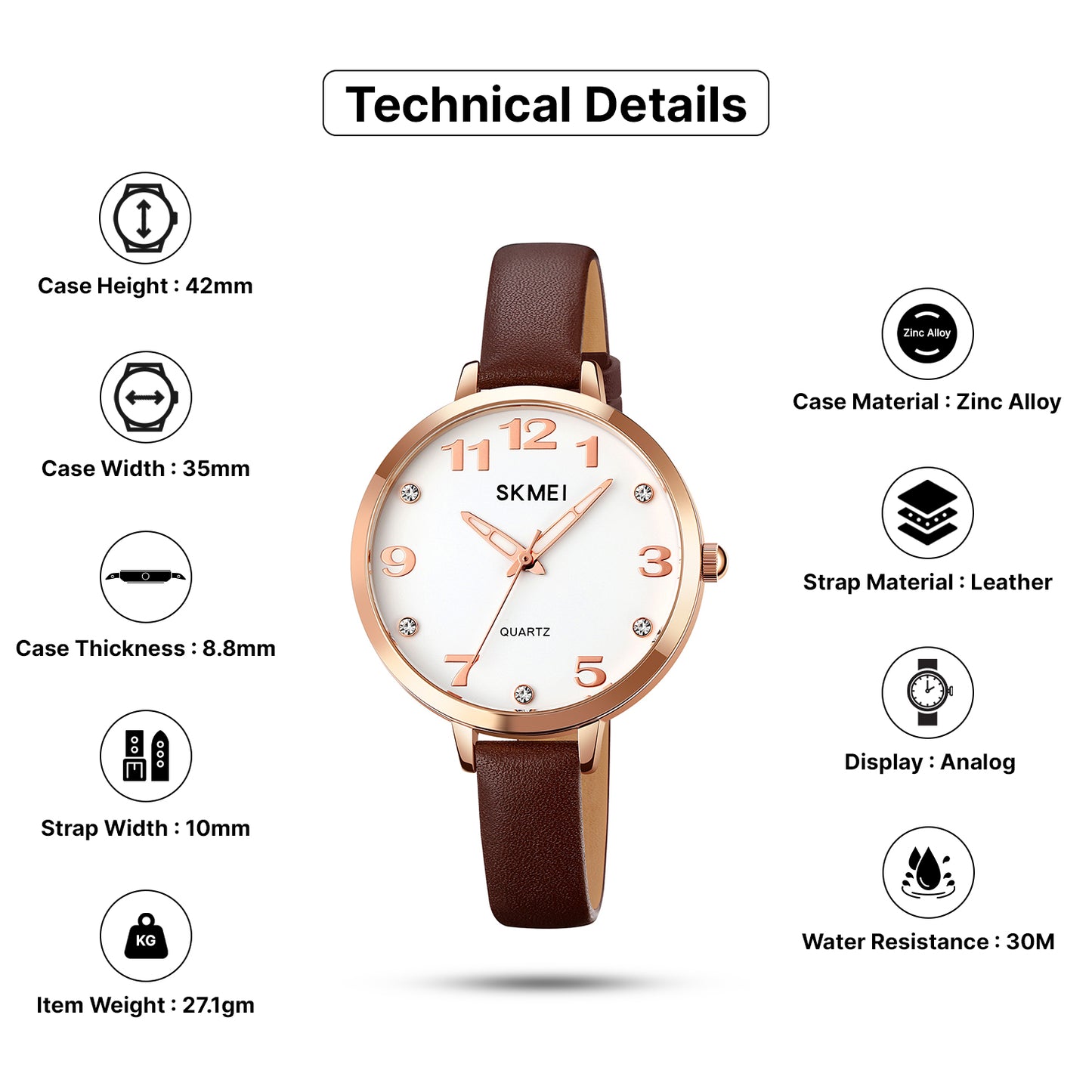 Skmei Quartz Analog Dial Leather Strap Watch for Women - 2028
