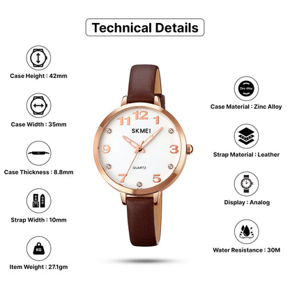 Skmei Quartz Analog Dial Leather Strap Watch for Women - 2028