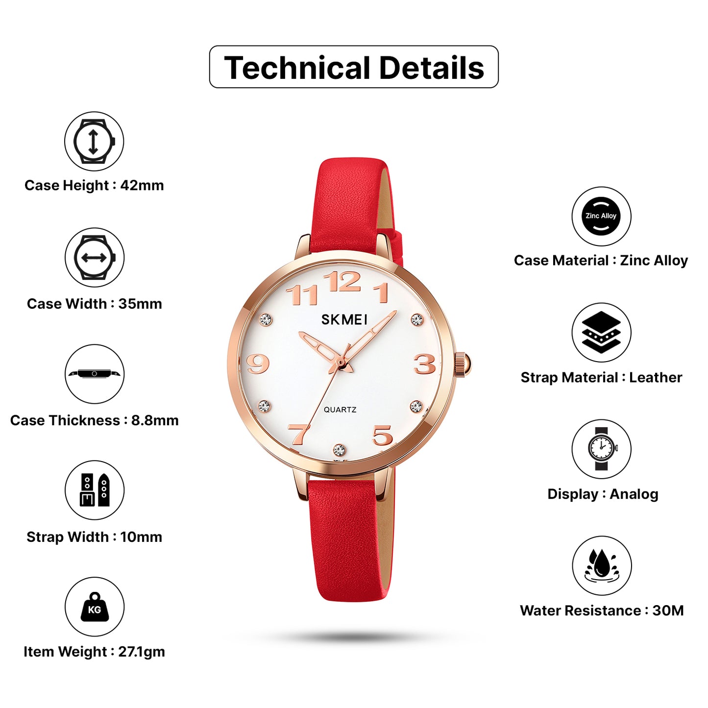 Skmei Quartz Analog Dial Leather Strap Watch for Women - 2028