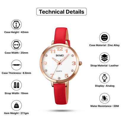 Skmei Quartz Analog Dial Leather Strap Watch for Women - 2028