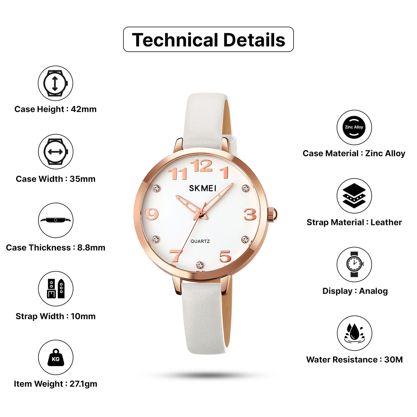 Skmei Quartz Analog Dial Leather Strap Watch for Women - 2028