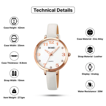 Skmei Quartz Analog Dial Leather Strap Watch for Women - 2028