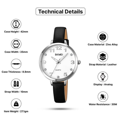Skmei Quartz Analog Dial Leather Strap Watch for Women - 2028