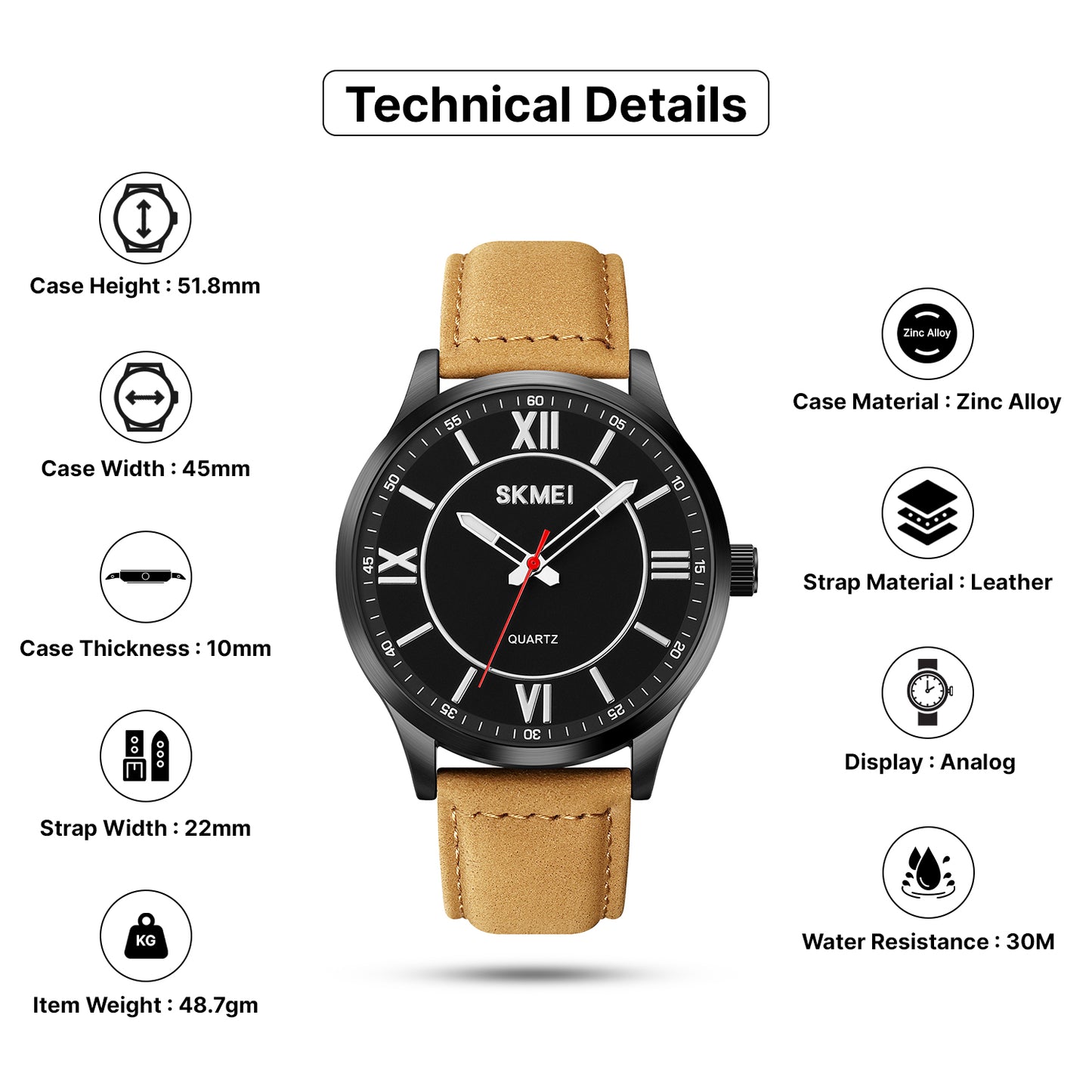 Skmei Quartz Analog Dial Leather Strap Watch for Men - 2029