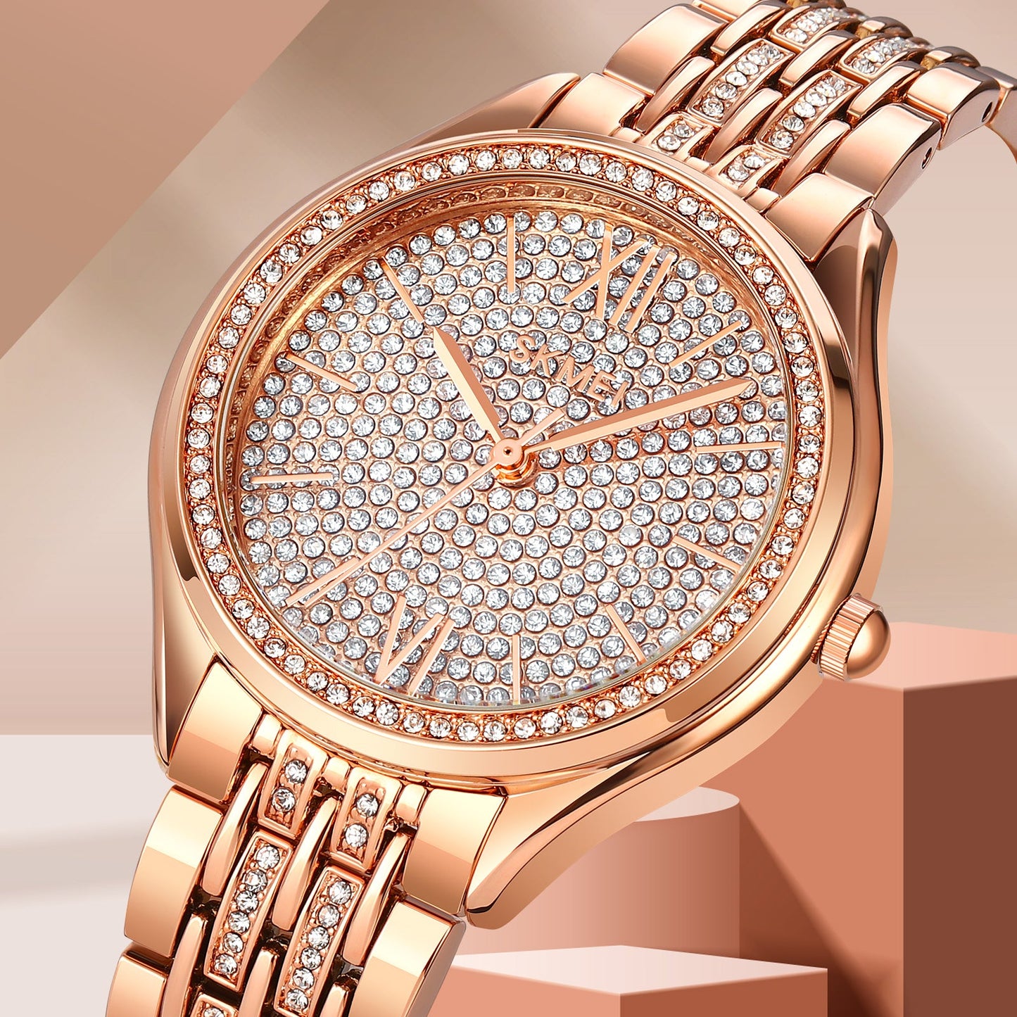 Women's Quartz Watch Rose Gold with Rhinestones - 2030