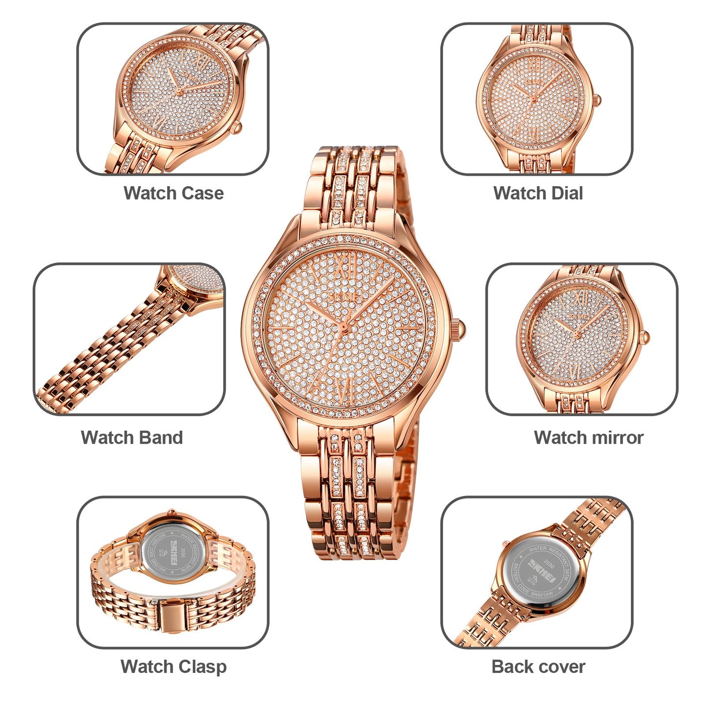 Women's Quartz Watch Rose Gold with Rhinestones - 2030