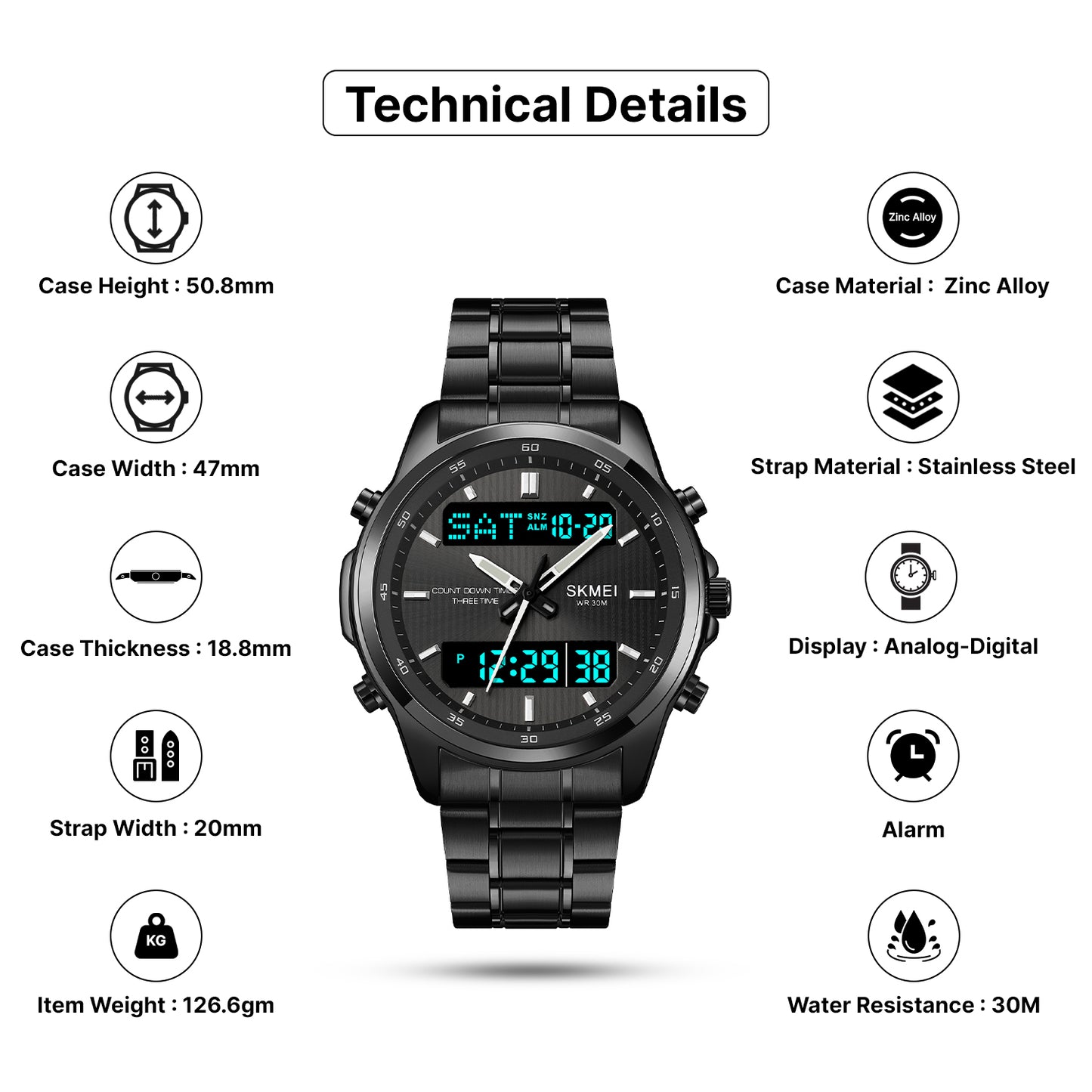 Skmei Analog-Digital Analog Dial Stainless Steel Strap Watch for Men - 2049