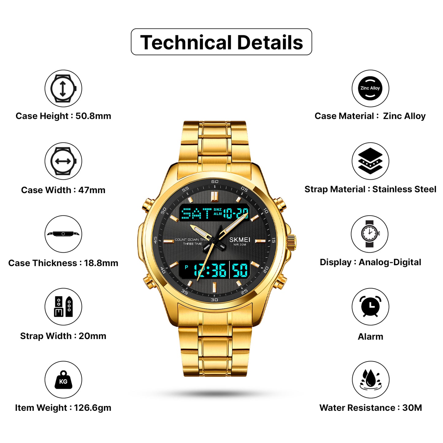 Skmei Analog-Digital Analog Dial Stainless Steel Strap Watch for Men - 2049