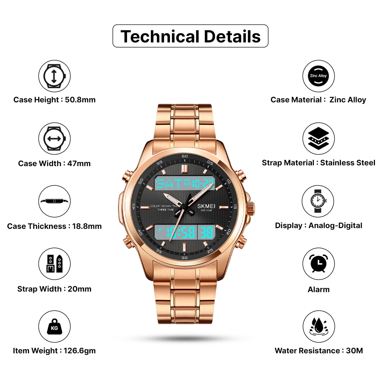 Skmei Analog-Digital Analog Dial Stainless Steel Strap Watch for Men - 2049