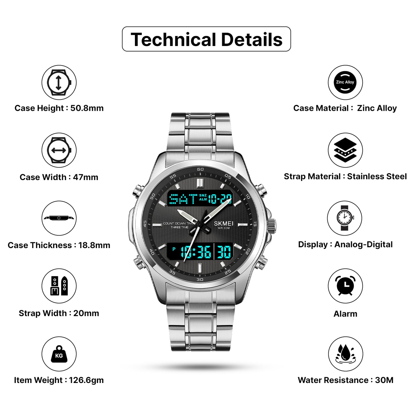 Skmei Analog-Digital Analog Dial Stainless Steel Strap Watch for Men - 2049